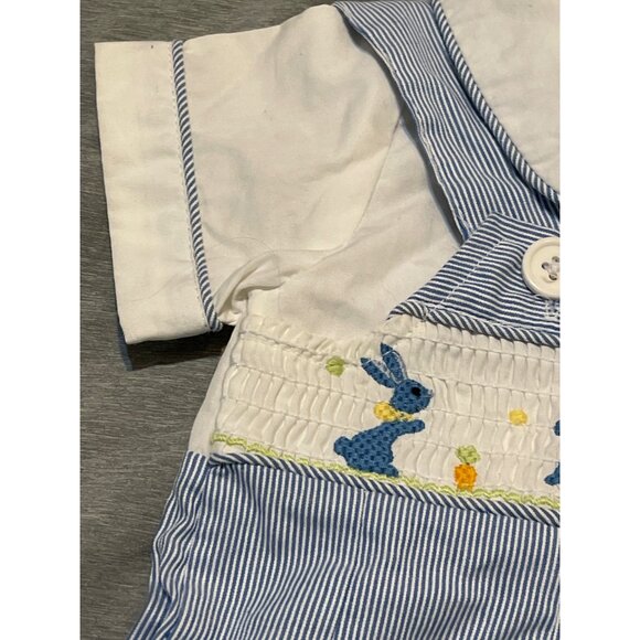 Vintage Toffee Apple Baby Romper 6M Blue/White Striped Outfit With Bunny/Carrot - Picture 3 of 7